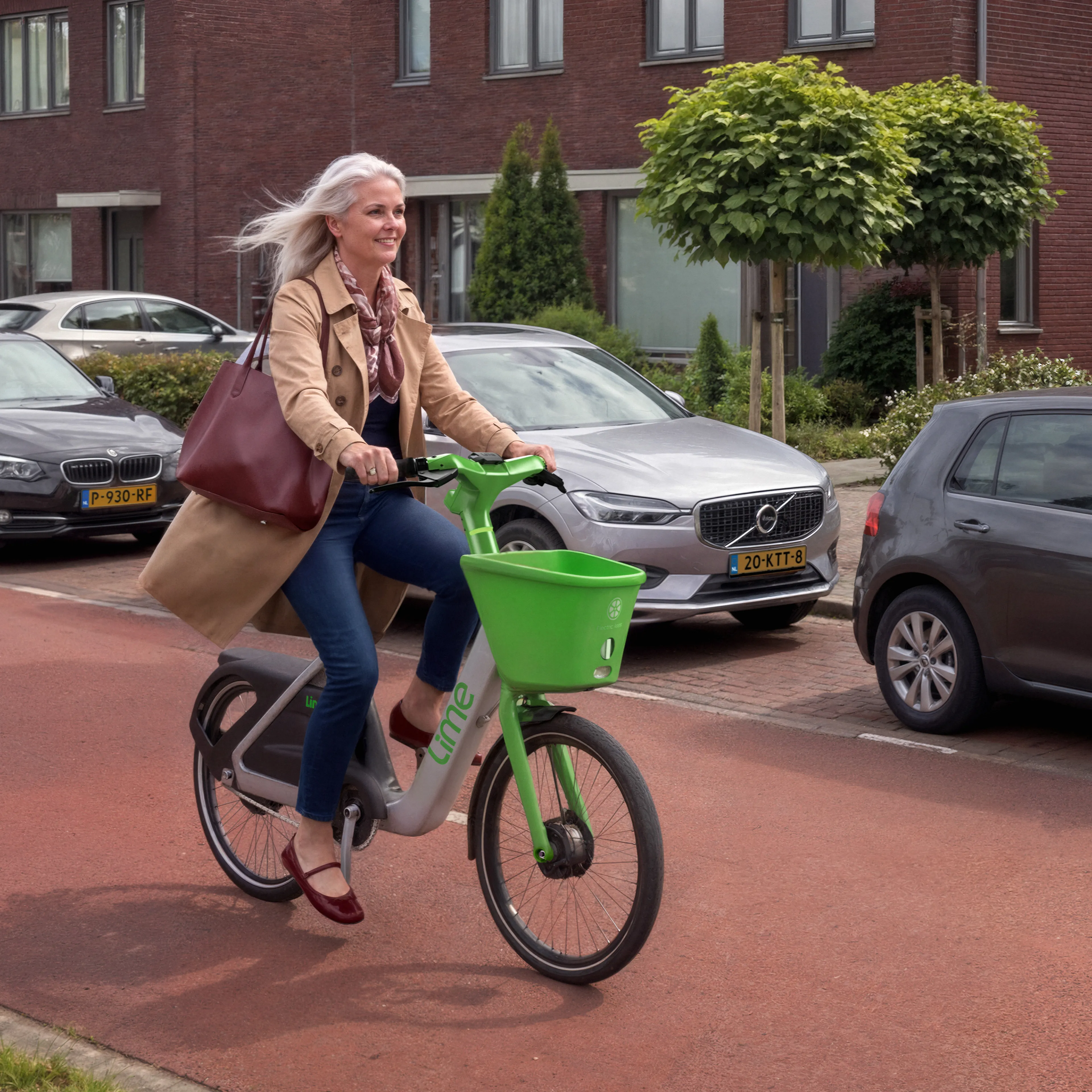 De beschrijving toont een vrouw op een felgroene stadsfiets terwijl ze langs een rij moderne roodbruine bakstenen eengezinswoningen rijdt in een nette Nederlandse woonwijk. Ze kijkt ontspannen vooruit terwijl ze langs geparkeerde auto’s en een voorbijganger passeert.