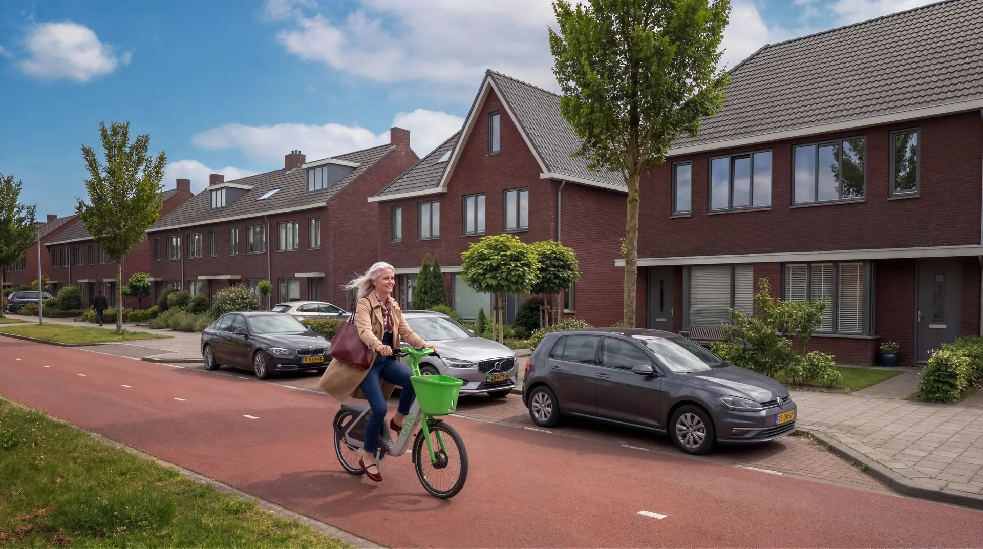 De beschrijving toont een vrouw op een felgroene stadsfiets terwijl ze langs een rij moderne roodbruine bakstenen eengezinswoningen rijdt in een nette Nederlandse woonwijk. Ze kijkt ontspannen vooruit terwijl ze langs geparkeerde auto’s en een voorbijganger passeert.