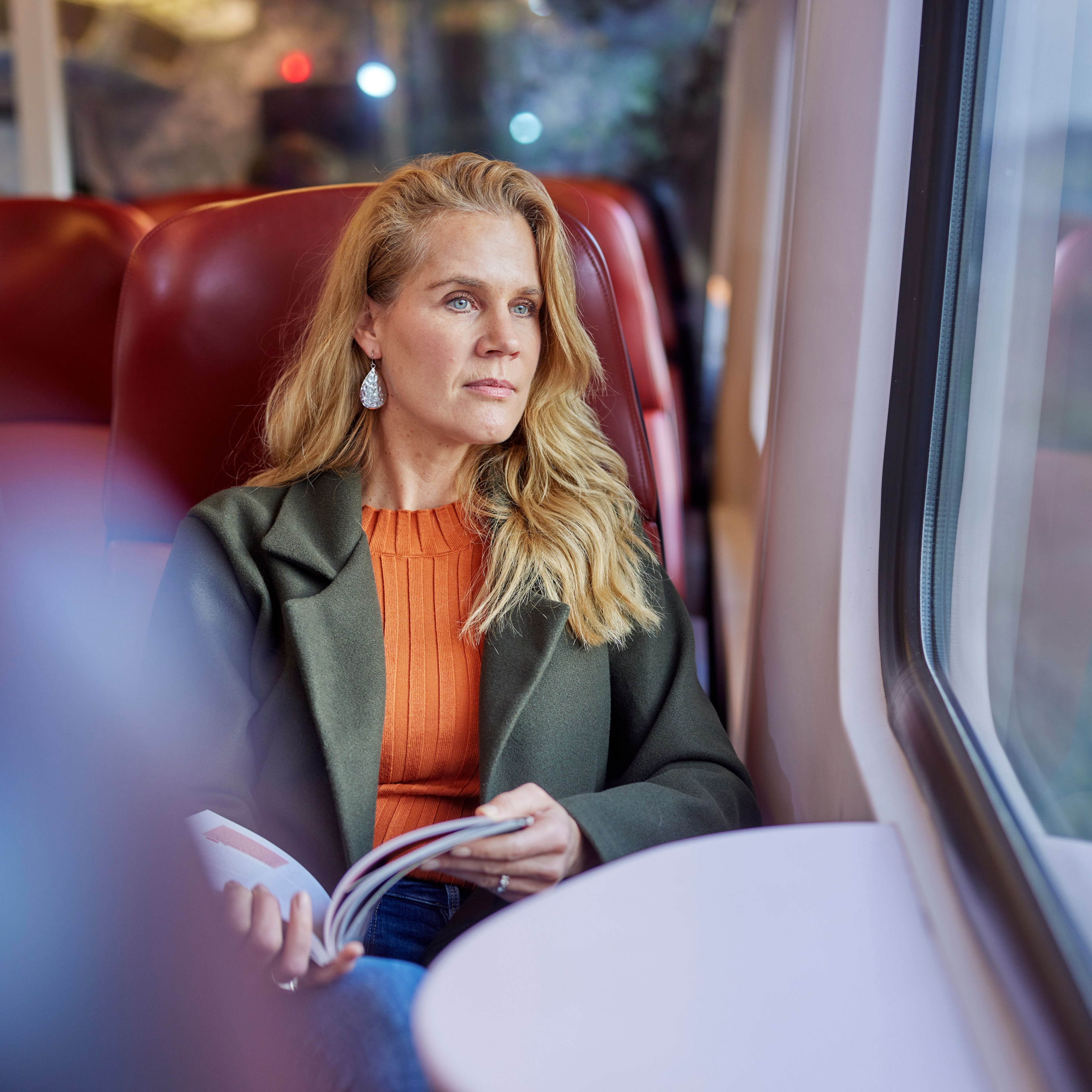 Vrouw die in de trein een boek leest en naar buiten staart