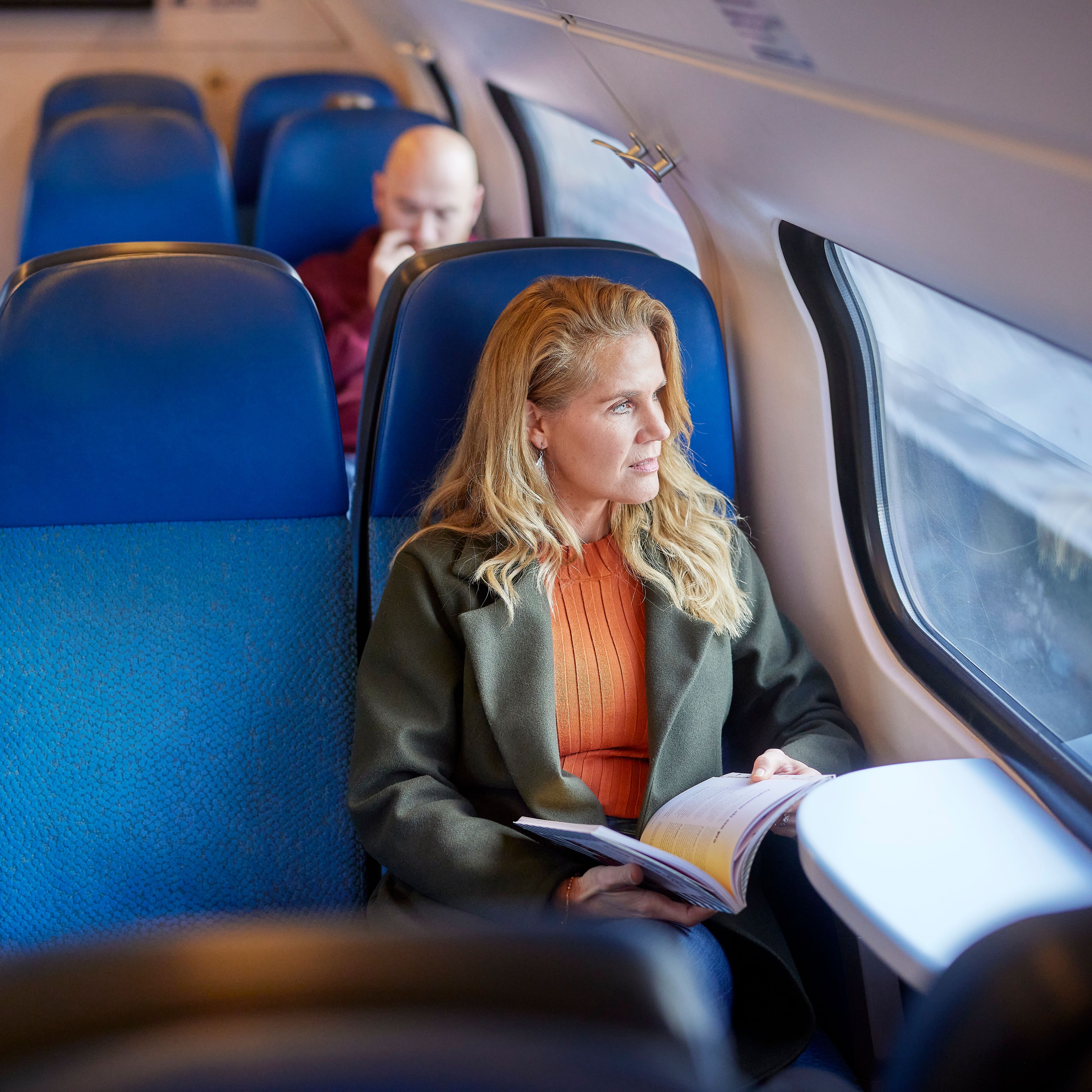 Vrouw die een boek aan het lezen is in de trein.