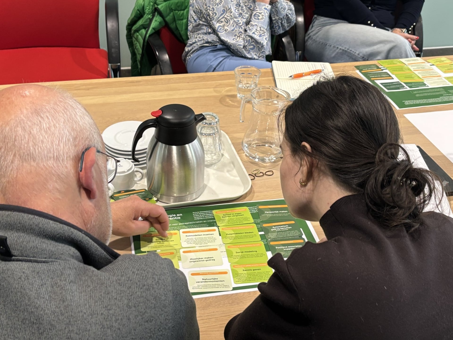 Nederlandstalige trainings- of vergaderingssetting: een groep mensen zit rondom een houten vergadertafel, met een prominent voorval van twee deelnemers (een oudere man en een jongere vrouw) die naar een groen-oranje geordend schema op het werkblad kijken terwijl de man met zijn vinger een vak aanwijst.
