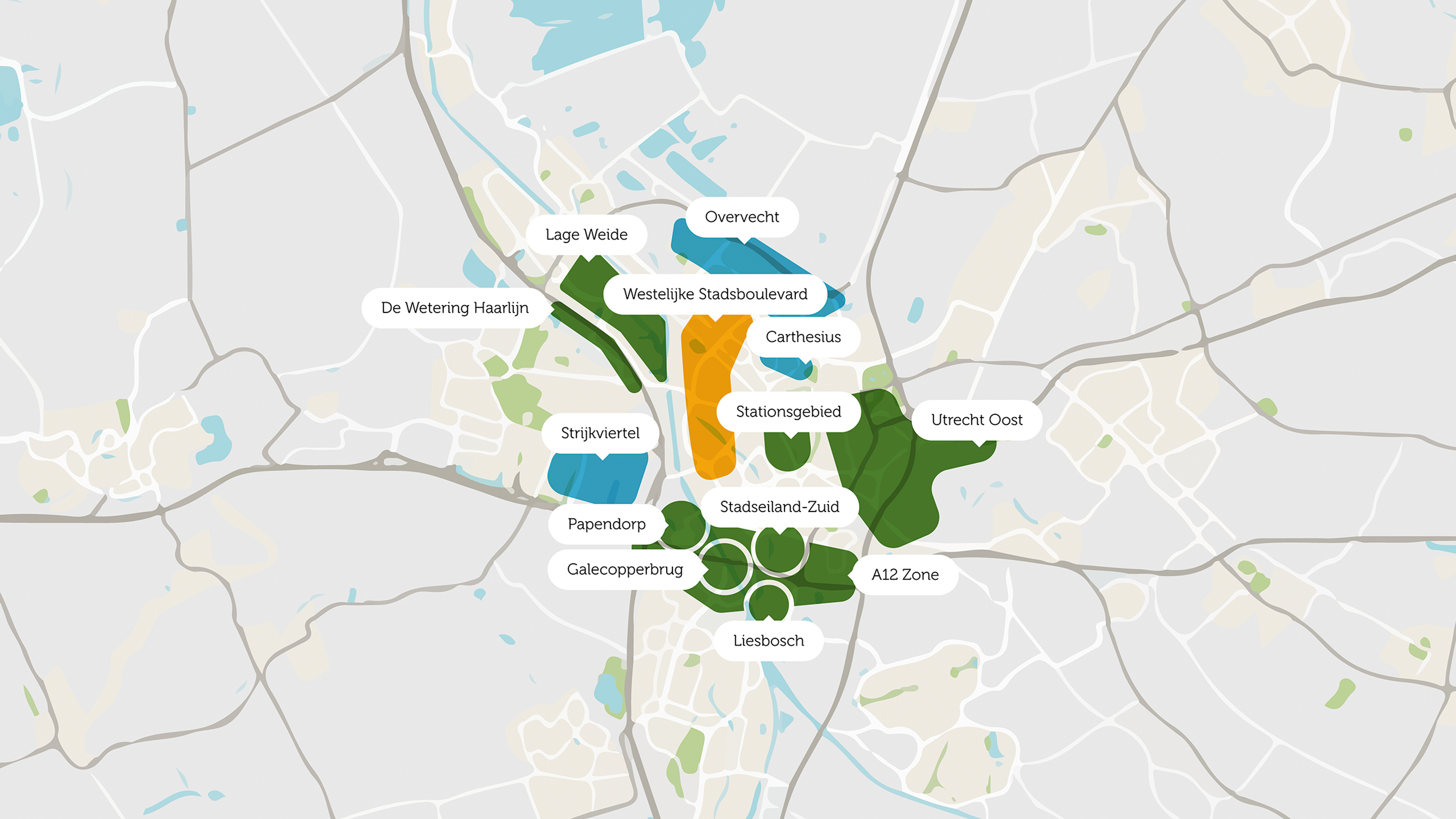 Kaart van de verschillende gebieden in de stad Utrecht